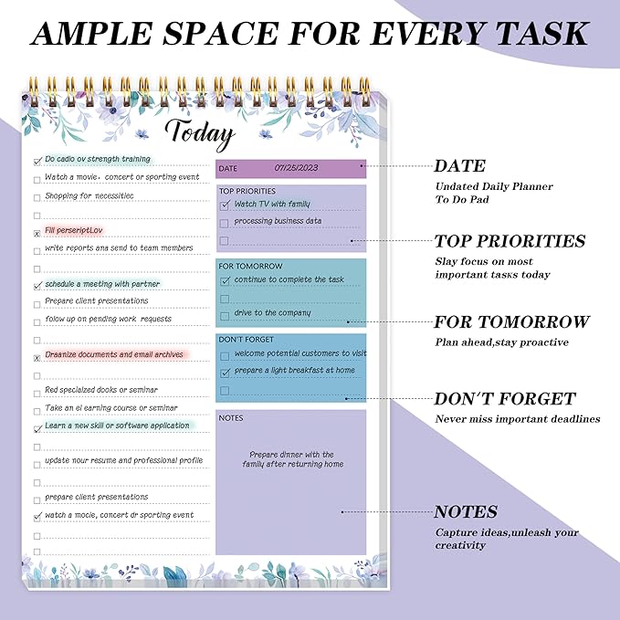 To Do List Notepad - Daily Planner Notepad 104 Pages Task Planner, 6.7" x 9.8" Double Sided Spiral Notebook with Checklist Productivity Planning Pad for Work Office Home-Purple