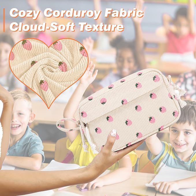 Big Capacity Pencil case,Soft Corduroy Pencil Bag with 3 Compartment,Pencil Pouch School Supplies Cute Pencil Box Pencil Bag for Teen Girls Boys College (Pink Strawberry)