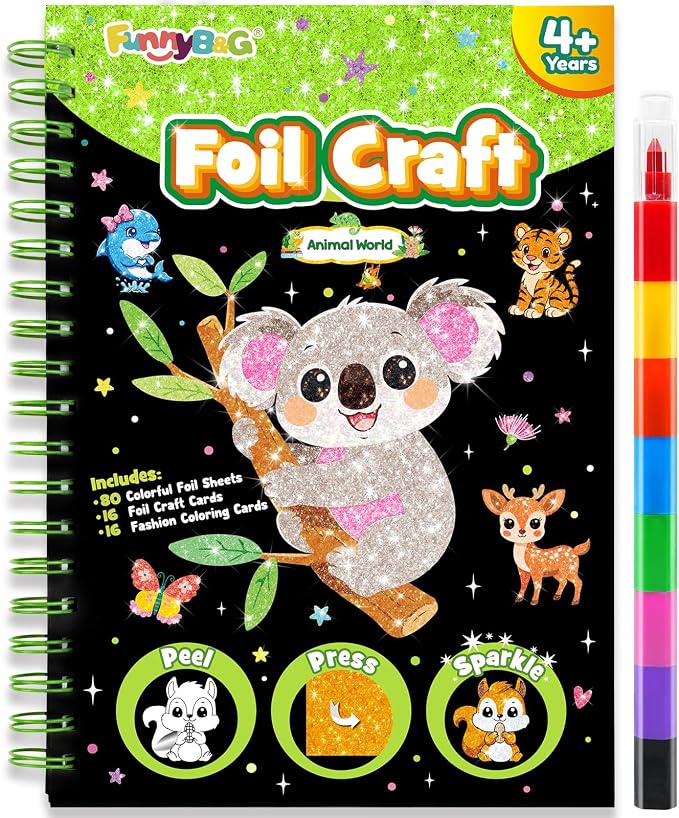 FUNNYB&G Foil Art Craft Kit for Kids 4-10 Years Old: Mess-Free & No-Glue, Create 16 Sparkly Animal World Pictures – Perfect Travel Toy & Birthday Gift for Kids (Animal World)