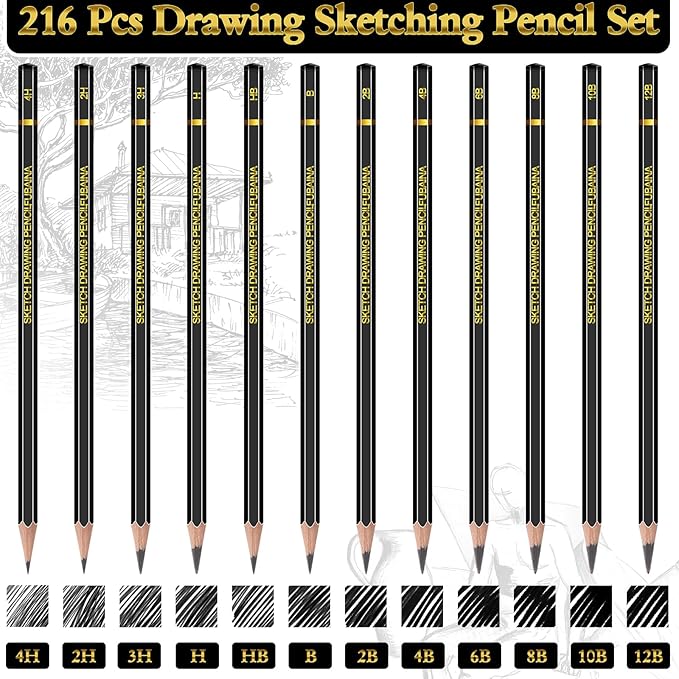 216 Pcs Drawing Sketching Pencil Set Professional (12b - 4h) Graphite Charcoal Gift Bulk for Artists Beginners, Pro Artists, Drawing Art, Sketching