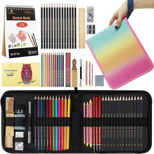 42 Pack Drawing Set Sketch Kit, Art Sketching Supplies has 3-Color Sketchbook Coloring Book Graphite Charcoal watercolor pencils, Portable Travel Size Case gift for Beginner Artists Adults