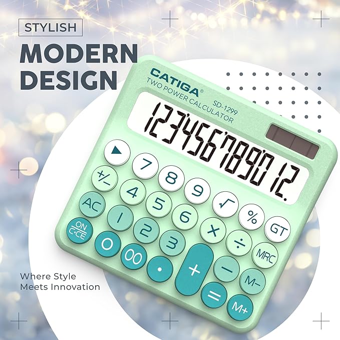 CATIGA Mechanical Switch Calculator with Solar and Battery Dual Power, 12-Digit Large LCD Display, Aesthetic and Cute Desktop Calculator with Big Button, for Home, School and Office Use, SD-1299