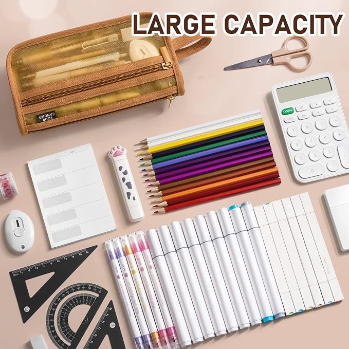 Four Candies Grid Mesh Pencil Case with Handle and Zipper, Clear Double-layer Pencil Pouch Marker Pouch, Travel Makeup Bag, Cute Transparent Stationary Organizer Pen Bag for Adult Office College | Smooth Zipper, Transparent Pencil Pouch, Cute Stationar...