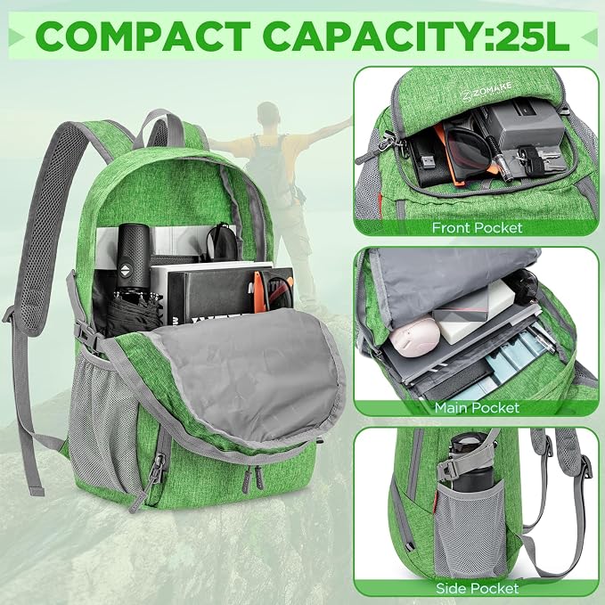ZOMAKE Lightweight Packable Backpack, 25L Small Foldable Daypack for Hiking | Water Resistant Collapsible Backpacks for Women Men, Everyday Carry, Multi Compartment Storage, Adjustable Strap(Dark Green)