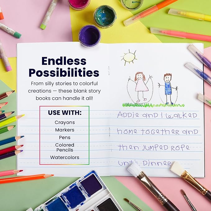 Hygloss Half Blank Books for Kids to Write Stories & Illustrate – Bulk 100 Pack – 5.5" x 8.5" A5 Primary Journal for Grades K-2, Preschool/Kindergarten Notebook with Picture Space – 24 Pages, Colored