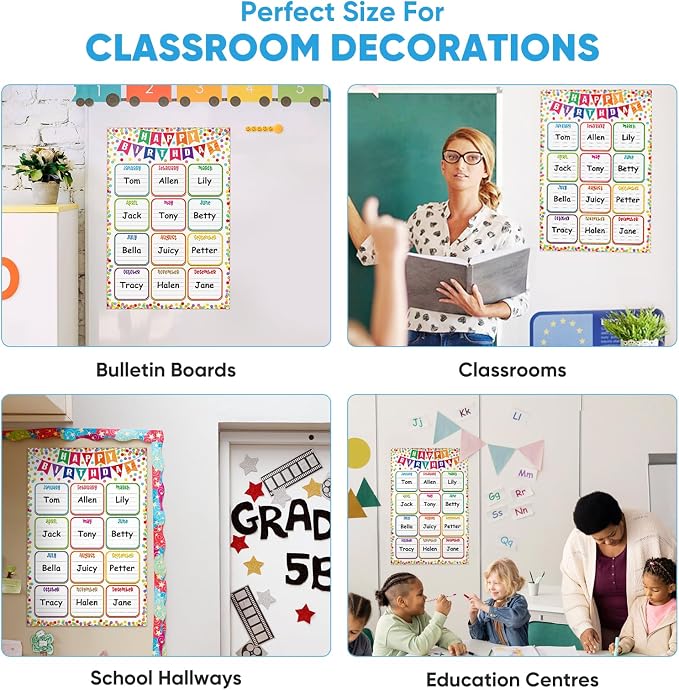 FaCraft Reusable Classroom Birthday Chart Poster - 11.2" x 16.5" Laminated Happy Birthday Calendar for Bulletin Board Stain-Free Dry Erase Teacher Supplies for Elementary & Preschool with 10 Glue Dots