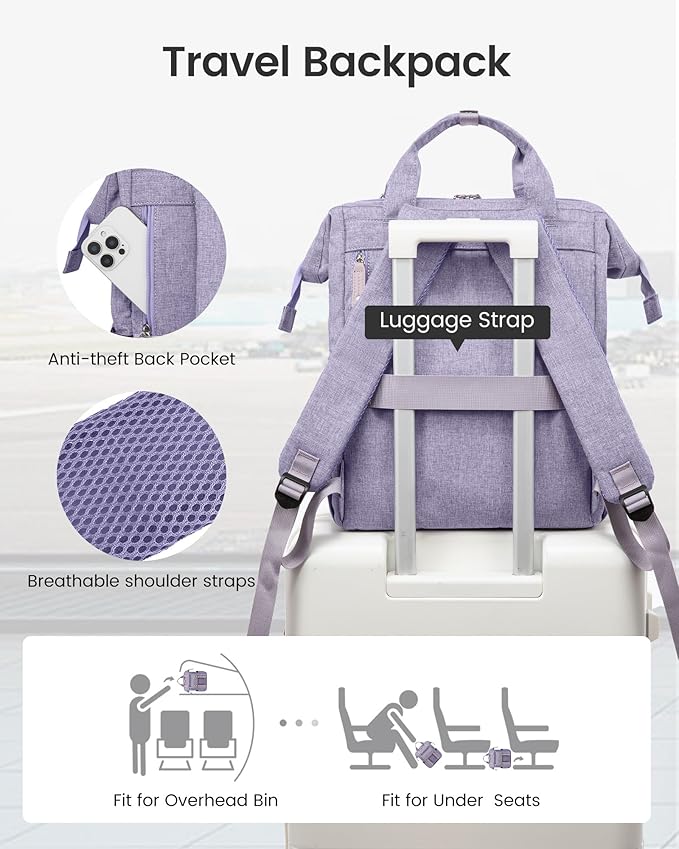 LOVEVOOK Laptop Backpack for Women, 15.6 inch Cute Teacher Nurse Work Bag with Giant Tumbler Holder (Fits Handles), Waterproof Travel Backpack Purse, Anti-Theft College Computer Bag with Pouch, Purple