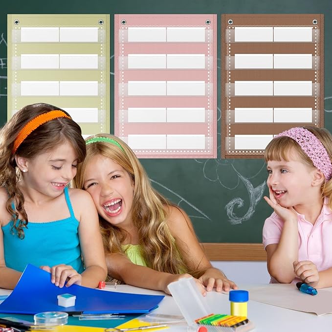 Gueevin 6 Set Magnetic Pocket Chart with 5 Clear Pockets and 30 Dry Erase Cards Painted Classroom Schedule Pocket Chart for Whiteboard Class Demonstrations(Vintage Color,Stripes Pattern)