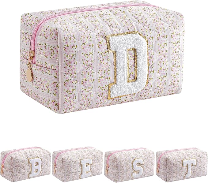 JOVAKIT Alphabet Makeup Bag Cosmetic Bag for Women, Christmas Gifts for Girls Age 6-18, Floral Flowers Coquette Travel Toiletry Zipper Make Up Pouch Organizer Trendy Stuff (Pink Floral D)