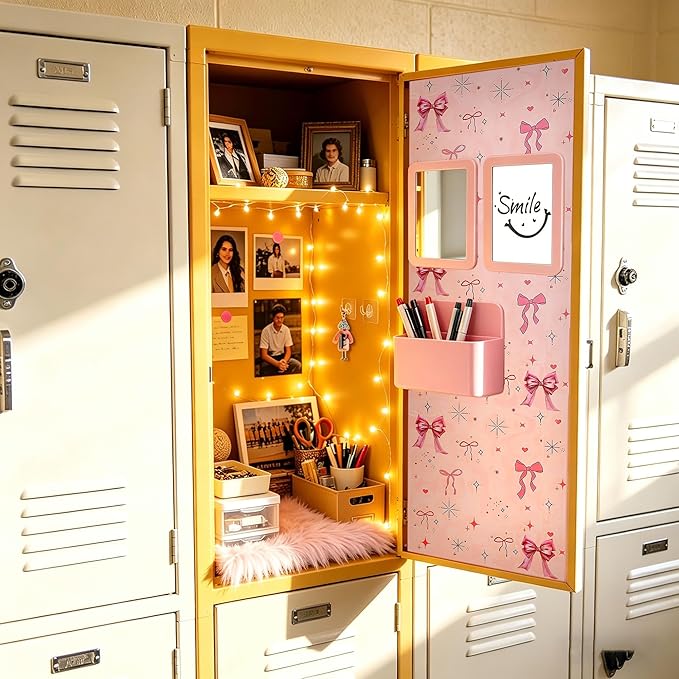 Elfcool 13 Pcs Locker Accessories Kit, Locker Decorations for Girls Boys Magnetic Pen Holder, Mirror, Whiteboard, Wallpaper, Magnets, Plush Rug, String Light, Back to School Essentials (Pink Bow)