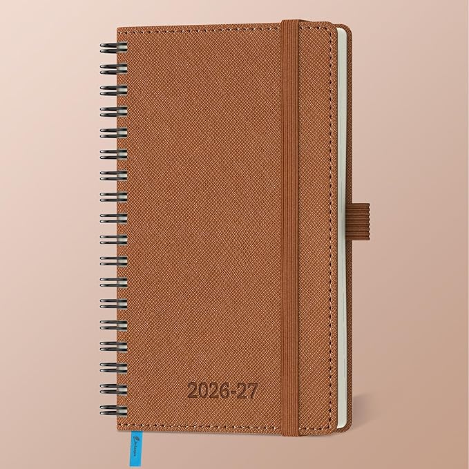 Planner 2026-2027 Daily Weekly and Monthly,6.5"x3.75",18 Months Spiral Bound Calendar Agenda with Self-adhesive Pen Holder,2026 Academic Plan with Vegan Leather Soft Cover,Brown