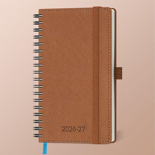 Planner 2026-2027 Daily Weekly and Monthly,6.5"x3.75",18 Months Spiral Bound Calendar Agenda with Self-adhesive Pen Holder,2026 Academic Plan with Vegan Leather Soft Cover,Brown