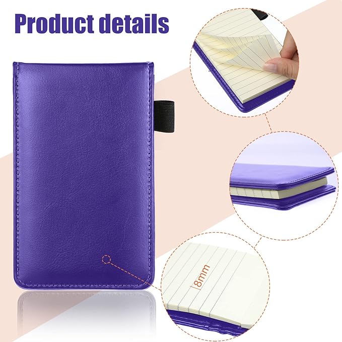 Outus 10 Pcs Mini Pocket Notepad Holder Set Included Small Leather Pocket Notebook Holder with 50 Lined Sheets, Metal Pen, 8 Pcs 3 x 5 Inch Memo Book Refills, 30 Lined Paper Per Note Pad (Purple)