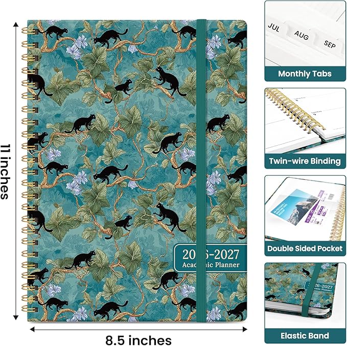 Planner 2026-2027, Academic Year Weekly and Monthly Calender Planner, from Jul 2026 - Jun 2027, Spiral Bound School Planning Book, Perfect for Teacher, Student, Women & Men, A4 (8.5" x 11"), Cats in Vine