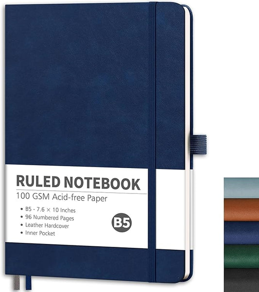 RETTACY Lined Journal Notebook, 96 Numbered Pages, B5 Medium Size (7.6'' x 10''), for Men & Women, Journaling, Writing, Work & Office, Leather Hardcover, 100 GSM Thick Paper (Navy Blue)