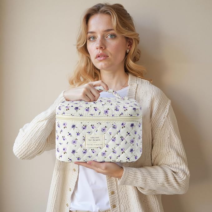 HBselect Quilted Makeup Bag, 3Pcs Cotton Large Travel Makeup Bags Organizer | Cute Floral Make up Bag Cosmetic Bag Toiletry Bag for Women Girls, Makeup Pouch for Skincare, Brushes & Travel Essentials