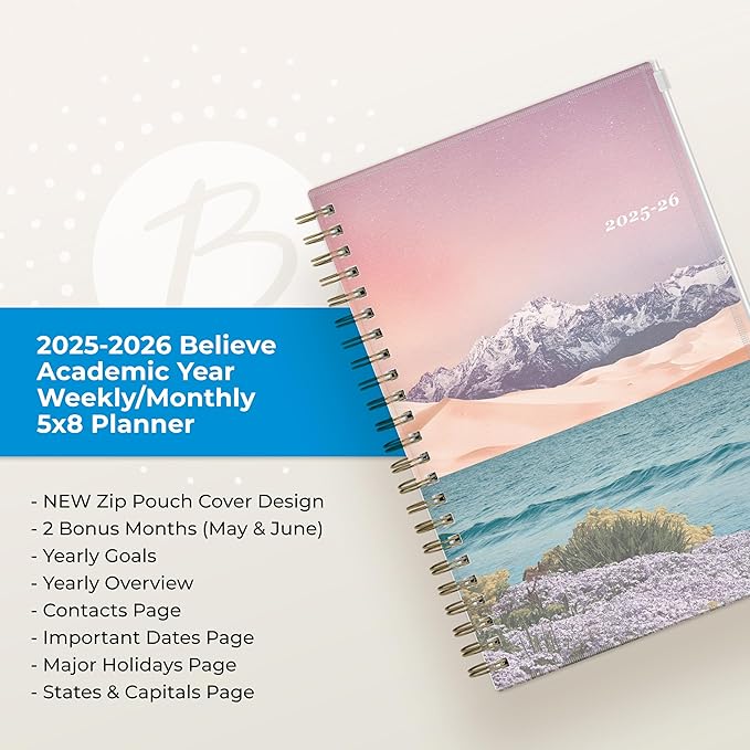 Blue Sky 2025-2026 Weekly and Monthly Academic Year Planner Calendar, July 2025 - June 2026, 5" x 8", Flexible Cover With Zip Pouch, Wirebound, Storage Pocket, Enough to Believe