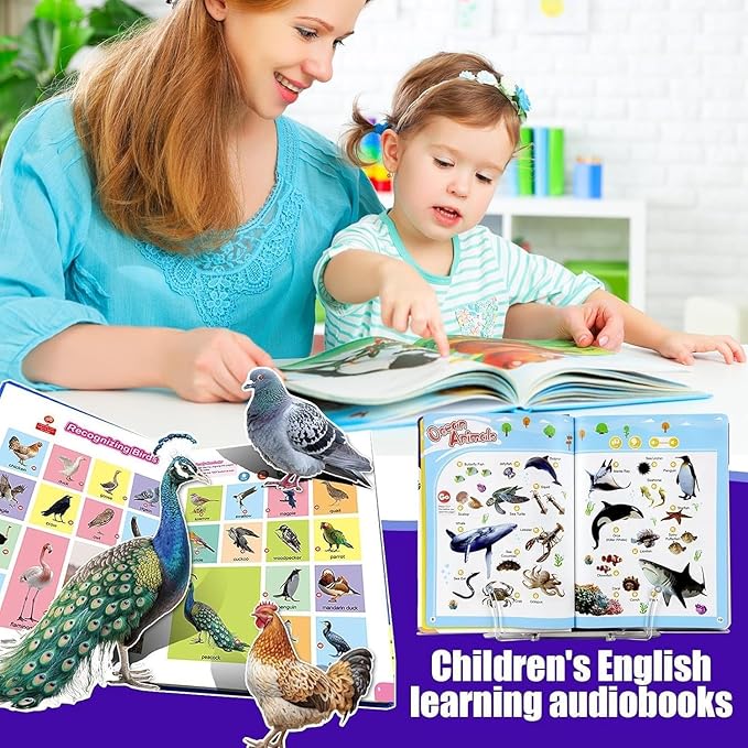 English Words Sound Book Toy, English Learning Talking Book, 300+ Words, 13 Themes, Press to Learn Phonics, Interactive Educational Books for 3 Year Olds