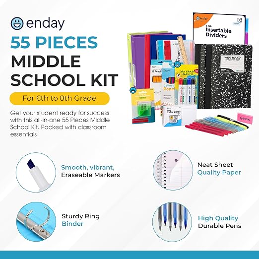 Enday Middle School Supplies Kit - 6th, 7th, and 8th Grade Back to School Supplies - 55 Piece, Premium Quality Kids School Supplies for Girls & Boys, Grades 6-8 Middle School Supplies for Kids