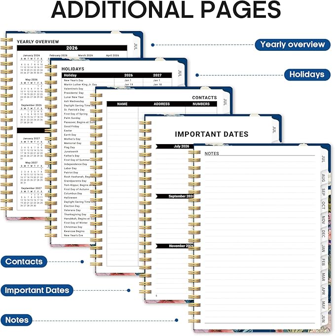 Planner 2026–2027, Academic Monthly Weekly Spiral Calendar, July 2026 – June 2027, Hardcover Agenda Notebook with Tabs, 6.3" x 8.5", Perfect for Students, Teachers, School & Daily Planning - Pelagic Petalia