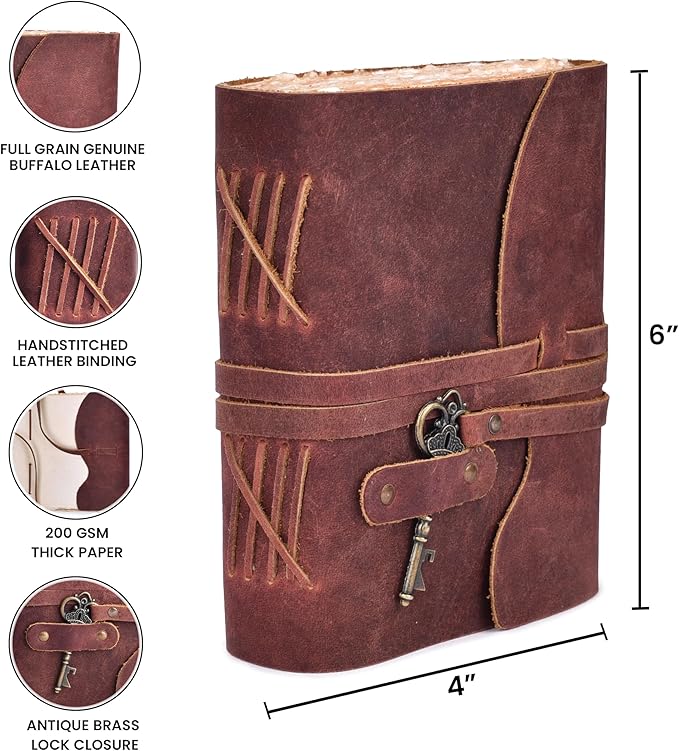 LEATHER VILLAGE Vintage Leather Journal – 200 Handmade Vintage Deckle Edge Paper – Leather bound Journal For Women Men – Vintage Key Closure - Book of Shadows - Red Brown - 6X4 inches (A6)