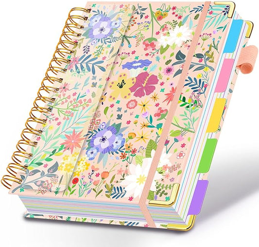 Spiral Journal Notebooks for Work, 300 Pages 5 Subject Notebook College Ruled with Dividers & Tabs, 8''x 10'' Large Notebook Journal for Women Students Note-Taking and Organizer (Beige Bloom)