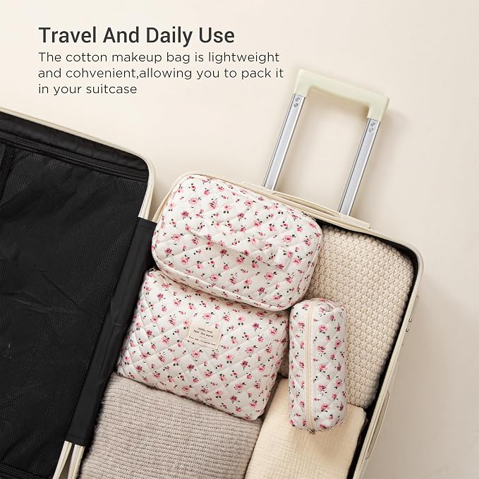 HBselect Quilted Makeup Bag, 3Pcs Cotton Large Travel Makeup Bags Organizer | Cute Floral Make up Bag Cosmetic Bag Toiletry Bag for Women Girls, Makeup Pouch for Skincare, Brushes & Travel Essentials