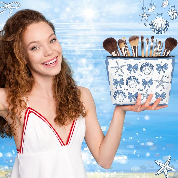 Reginary 12 Pcs Ocean Bow Makeup Bags Beach Gifts for Women Seashell Starfish Cosmetic Bags with Zippers Coquette Aesthetic Pouch Bulk Gifts for Stuff Nautical Party Favors Supplies Travel Accessory