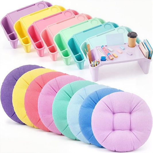 Supervitae 16 Pcs Kids' Lap Desk and Classroom Floor Cushions Set, Including Stackable Lap Tray 19.7 x 14.8 x 7.7'' & Floor Pillow 16'' for Classroom Kindergarten Daycare Nursery (Light Colors)