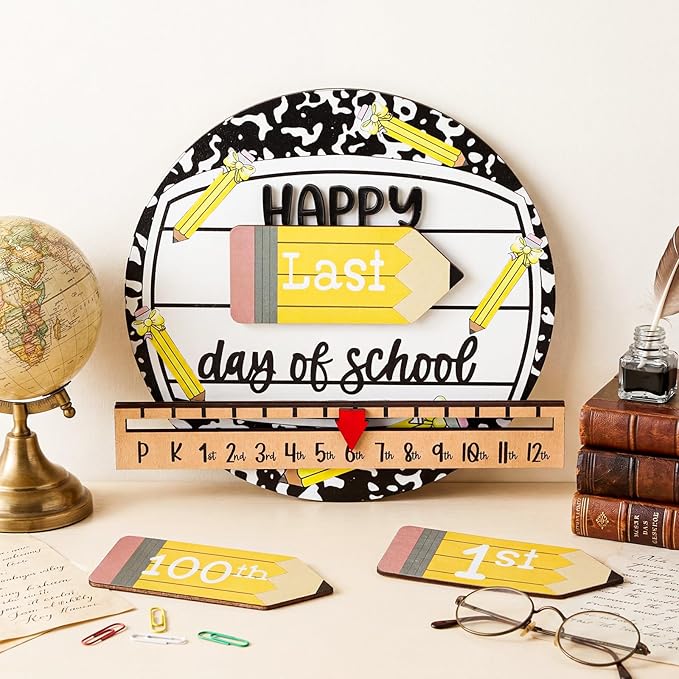 Kosiz First and Last Day of School Sign with Back to School Board Gifts Wooden First Day Sign Reusable Dry Erase 8'' (Composition Notebook and Pencil)