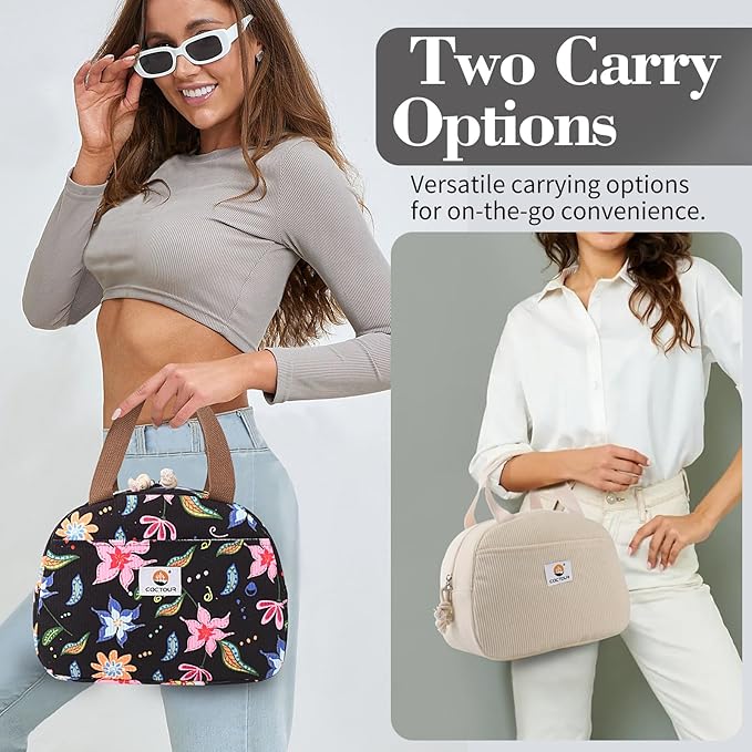 CaCTOUR Lunch Box Lunch Bag for Women Girls Teens, Cute Lunch Box Cooler Bag, Portable Small Insulated LunchBox Reusable Corduroy Lunch Tote for Work/Travel/Picnic/School - Floral