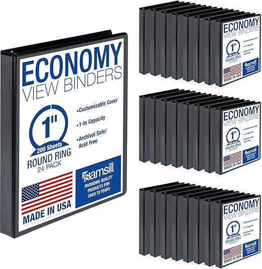 Samsill 1 Inch 3 Ring Binders, Economy Round Ring, Clear View Cover, 200 Sheet Capacity - for School, Home, Office - Black, 24 Pack