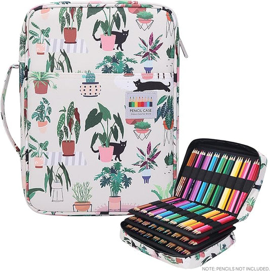 JAKAGO 220 Slots Colored Pencil Case Large Capacity Pen Holder for Artist Painter Zipper Organizer Bag for Marker Highlighter Storage Case for Office Sketch Travel Supplies (Green Plant Cat)