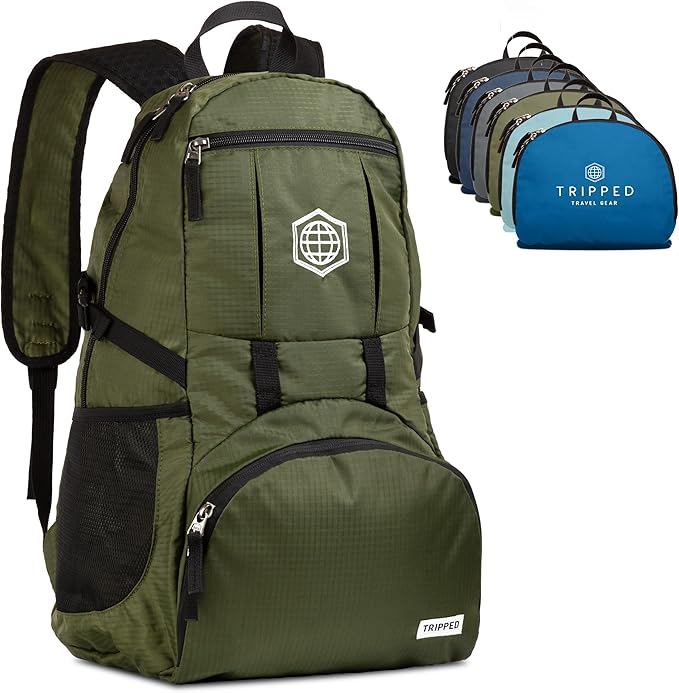 TRIPPED Travel Gear Traveling Backpack- Foldable collapsible lightweight backpack for travel (Green) 35 liters