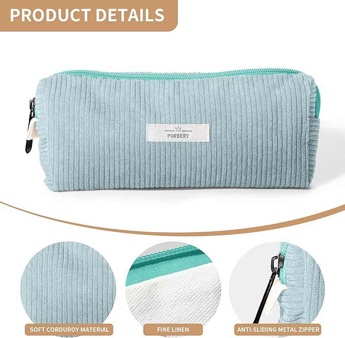 Pencil Bag Pen Case, Soft Corduroy Small Pencil Pouch Organizer with Zipper, Cute Pencil Case Pouch Stationery for Girls and Boys – Light Blue