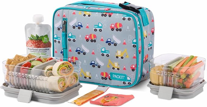 PackIt Freezable Classic Lunch Box, Construction Trucks | Built-in ice packs, EcoFreeze+ Technology, Zip Closure, Zip front pocket, Side-release buckle handle, Collapsible, Reusable