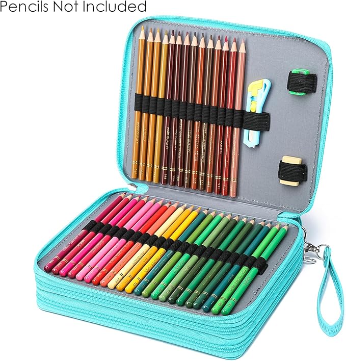 YOUNGCOL Deluxe PU Leather Colored Pencil Case - 120 Slots Pencil Holder with Handle Strap Large Capacity Pencil Organizer