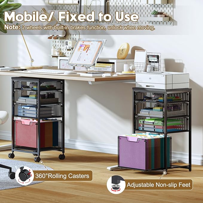 Sbanmao Rolling File Cart with 4 Storage Drawers, Mobile File Cabinet with Wheels, Hanging File Organizer, Under Desk Printer Stand Utility Cart Filing Cabinet for Home Office, Black
