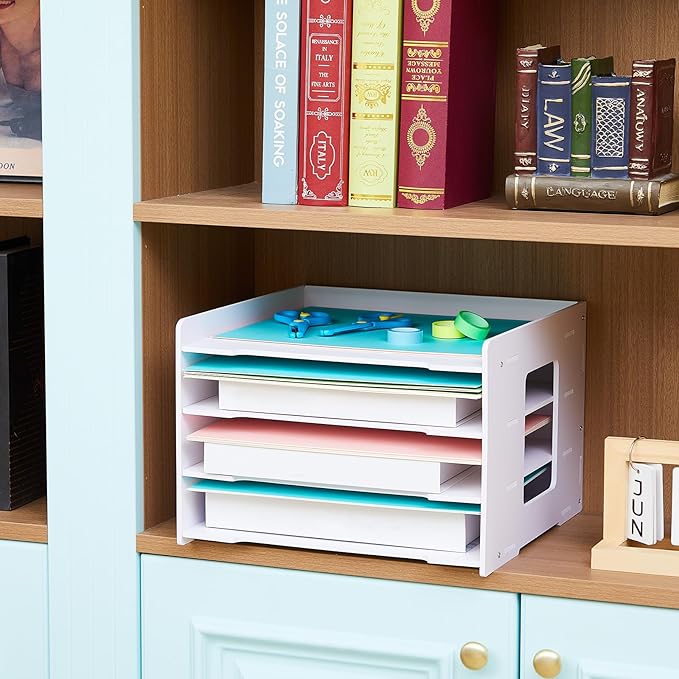 Juexica 4 Tier Scrapbook Paper Organizer 8.3 x 12.6 x 12.6 Inch Stackable Paper Storage Holder for Desk Desktop File Organizer for Home Office Classroom School