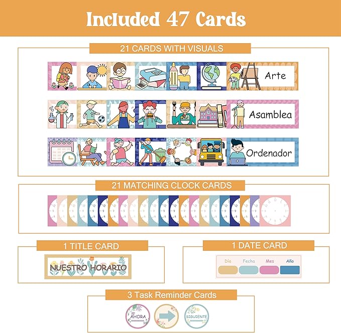 Daily Schedule Pocket Chart, Visual Schedule with 42 Reusable Dry-Eraser Cards, Visual Schedule for Kids, Classroom Schedule, Suitable for Classroom, Office, Home, Pre-School Education, Spanish