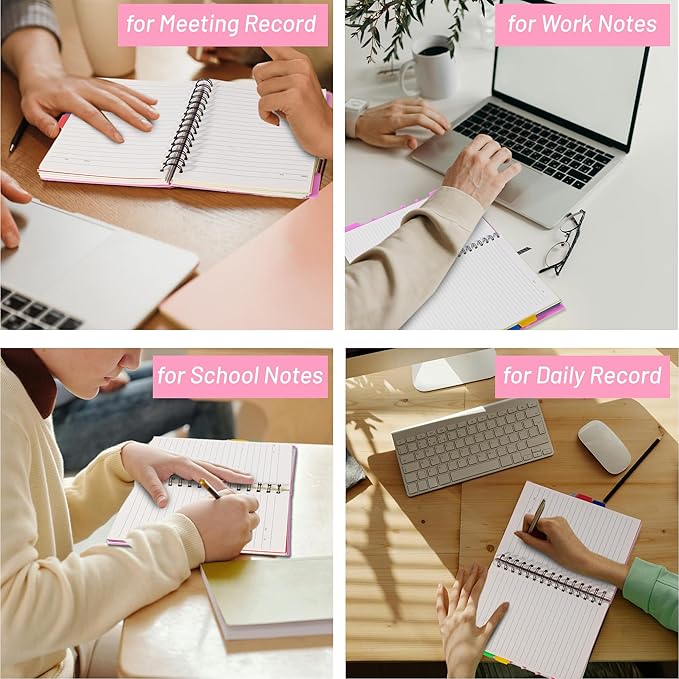 CAGIE 5 Subject Notebook College Ruled, Small Spiral Notebook 5x7 with Divider Tabs, A5 Spiral Notebooks for Women, 240 Pages Spiral Note book for School Note Taking, Pink