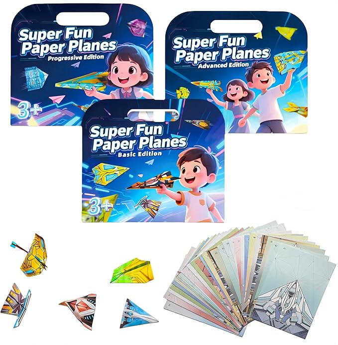 JUJOYYS 3 Difficulty Level Paper Airplane Kits with 36 Classic Designs 108 Sheets of Colorful Origami Paper,Crafts Origami Book Airplane Gifts for Kids Boys and Girls Ages 6-8,8-12