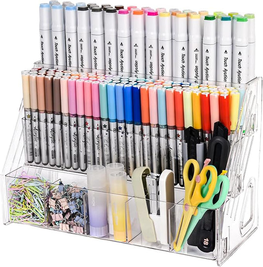 CELSOL Acrylic Pen Holder – 3 Tier 15 Compartments Vertical Storage for Markers, Pens & Art Supplies – Clear Desk Organizer for Home, School & Office – Ideal for Space-Saving & Desk Organization