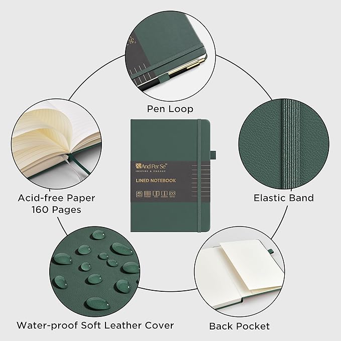 &And Per Se Lined Journal and Pen Set (3 Packs), A5 Leather Hardcover Notebook with Pen & Stationary Set, 160 Pages 100GSM Thick Ruled Paper Journal for Business Work Writing (Green)