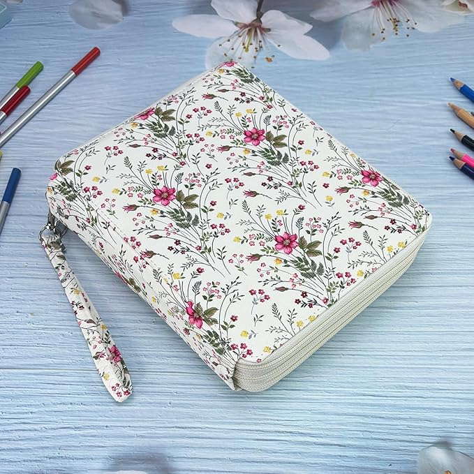 YOUNGCOL 120 Slots Colored Pencil Case Color Pencil Organizer Storage Large Capacity Pencil Case (White + Floral)