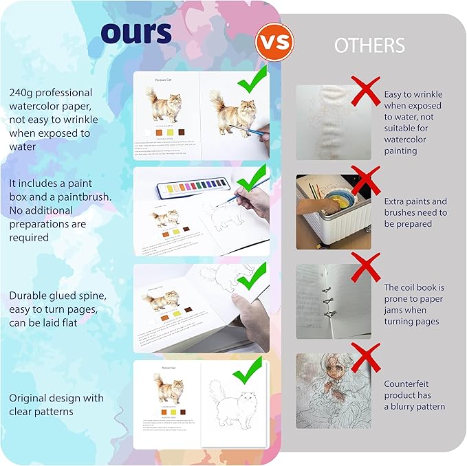 CraftyManor 2Pcs Watercolor Workbook Creative Water Color Paint Book Set with Paints & Brush, 12 Patterns of Original DIY Designs, Beginner-Friendly Adult Coloring Books(Cat & Tree)