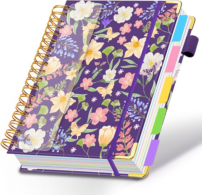 Spiral Journal Notebooks for Work, 300 Pages 5 Subject Notebook College Ruled with Dividers & Tabs, Notebook Journal for Women Students Note-Taking and Organizer (Purple Floral, 8.5''x 11'')