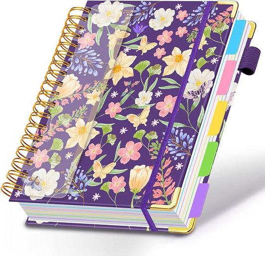 Spiral Journal Notebooks for Work, 300 Pages 5 Subject Notebook College Ruled with Dividers & Tabs, Notebook Journal for Women Students Note-Taking and Organizer (Purple Floral, 8.5''x 11'')