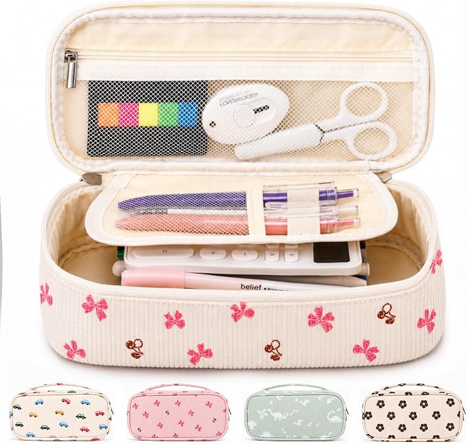 Big Capacity Pencil case,Soft Corduroy Pencil Bag,Cute Pen Case with Handle,5 Compartments, Wide Opening Pen Pouch Organizer for Teen Girls Women (Bow With Cherry)