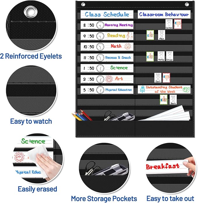 AKAYOK Daily Schedule Pocket Chart - Clear 19 Pocket Chart for Classroom with 22 Reusable Dry-Erase Cards | Perfect for Flash Cards/Sentence Strips/Cleaning Schedule and Checklist/Calendar Cards